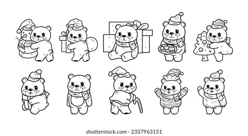 Christmas bear character hand-drawn outline sketch illustration