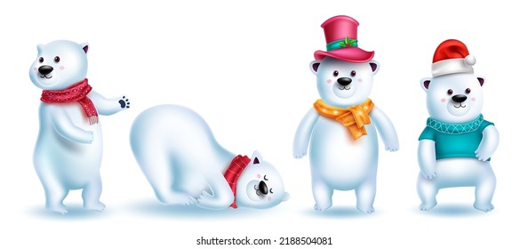 Christmas bear characters vector set. Polar bear 3d character in playful, standing and sitting pose isolated in white background for xmas design collection. Vector illustration.
