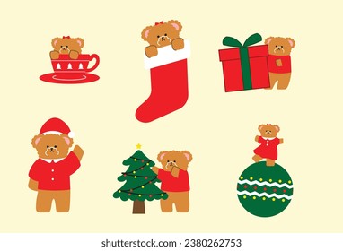 christmas bear collection, christmas tree, gift box, christmas ball, cup, socks