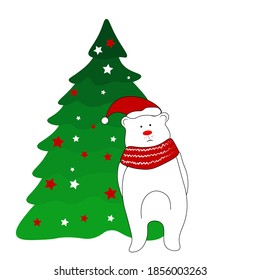 
Christmas bear decorates the tree. Winter vector illustration for postcard