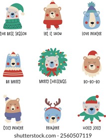 Christmas bear faces with handwritten lettering. Winter hand drawn illustrations for festive cards, posters and children's clothing.