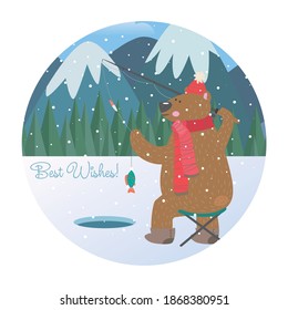 Christmas bear fishing ,Christmas season design with bear, vector polar bear fishing iceberg cartoon character ,Polar bear is fishing, winter card, hello winter