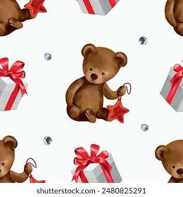 Christmas bear, gift box, bells. Seamless pattern. Vector illustration. New Year cards, wrapping paper, boxes, textiles, covers, banners, wallpaper.