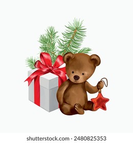 Christmas bear, gift, fir branch. Vector illustration in vintage style. Can be used for New Year cards, invitations, large banners, posters, labels