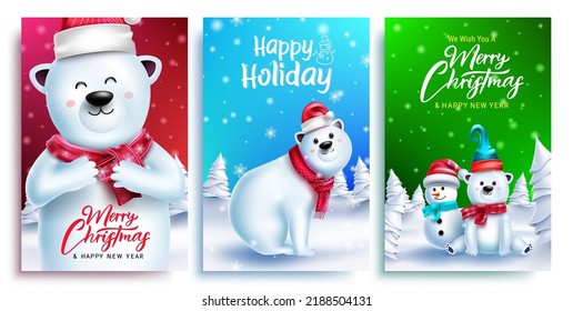 Christmas bear greeting vector set. Merry christmas text with polar bear 3d character in outdoor winter for xmas poster design collection. Vector illustration.
