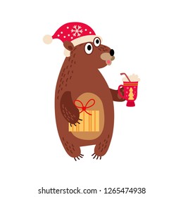 Christmas bear icon. Vector illustration Santa grizzly isolated on white background. Xmas decoration in cartoon style. Traditional christmas element of holiday