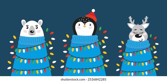 Urso de Natal, personagem de pinguim e rena com luzes de guirlanda em estilo cartoon