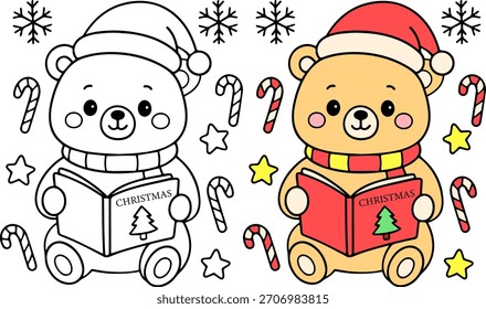 Christmas bear reading a book in a winter wonderland line art illustration festive environment cute perspective for holiday cheer