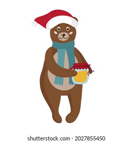 Сute Christmas bear in a red hat, with a jar of honey. New Year card for printing, design, decoration, packaging. Vector clipart, isolated illustration on a white background.