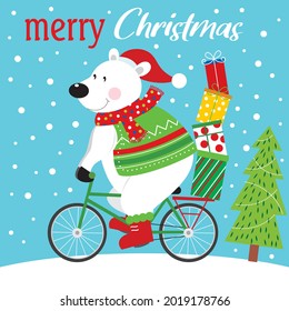 Christmas bear riding bicycle for christmas card, gift bag or box design