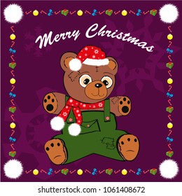 Christmas bear in santa claus hat and scarf, paw. Frame with candy cane, snowflake, ball, gift. Violet background. Flat design Vector illustration. 2021