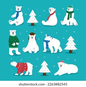 Christmas bear in scarf, polar characters. White arctic child, wildlife in cold kid clothes, snow winter. Xmas mammals. Zoo or forest fauna. Vector utter cartoon flat isolated illustration