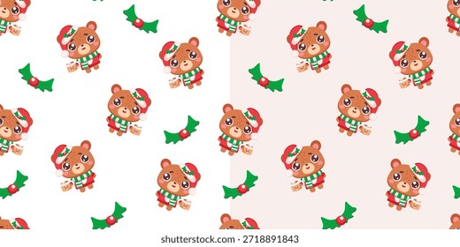 Christmas Bear Seamless Pattern With Holly, Two Colorways