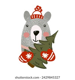 Christmas bear with tree, template for new year card