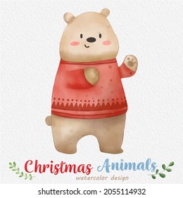 Christmas Bear watercolor illustration, with a paper background. For design, prints, fabric, or background. Christmas element vector.