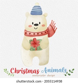 Christmas Bear watercolor illustration, with a paper background. For design, prints, fabric, or background. Christmas element vector.