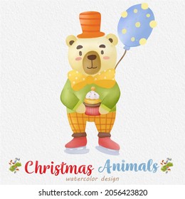 Christmas Bear watercolor illustration, with a paper background. For design, prints, fabric, or background. Christmas element vector.