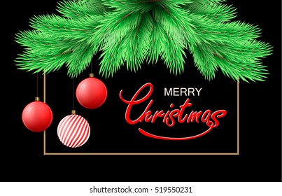 Christmas beautiful background. Merry Christmas postcard with fir tree branch and decorations. Vector illustration.