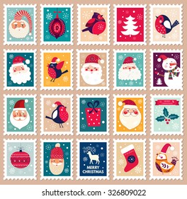 Christmas beautiful cheerful cute stamp with holiday symbols and elements of decoration.
