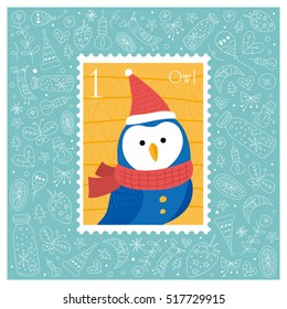Christmas beautiful cheerful cute stamp with owl. vector illustration