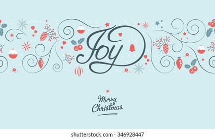 Christmas beautiful seamless pattern - Joy. On light background with lettering, nature, and holiday elements. Ideal for greeting card design. EPS 10 vector.