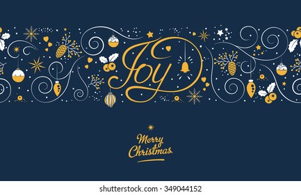 Christmas beautiful seamless pattern - Joy. On winter background with lettering, nature, and holiday elements. Ideal for greeting card design. EPS10 vector.