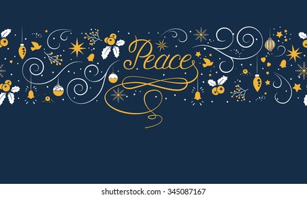 Christmas beautiful seamless pattern - Peace. On dark background with lettering, nature, and holiday elements. Ideal for greeting card design. EPS 10 vector.