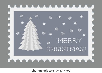 Christmas beautiful stamp with holiday symbols and elements of decoration. Creative paper Christmas tree, snowman. Origami. Vector