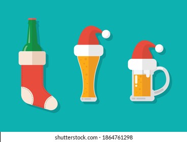 Christmas beer ale mug with christmas decoration. Greeting card Vector illustration