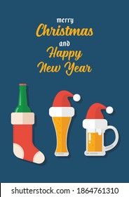 Christmas beer ale mug with christmas decoration greeting card. Merry Christmas and Happpy new year. Vector illustration