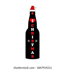 Christmas beer bottle in santa claus hat. Red heart with lettering "i love christmas". Isolated vector, new year illustration, icon on white background.
