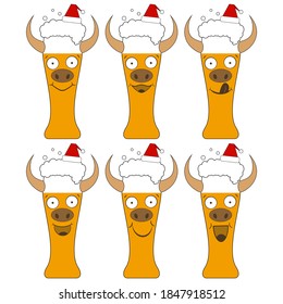 Christmas beer glasses in santa claus hats with bull faces and horns. The funny characters laugh and smile. Isolated vector new year illustrations, icons on white background.