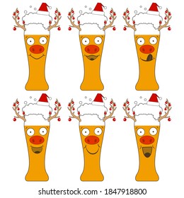 Christmas beer glasses in santa claus hats with deer faces and garlands on horns. The funny characters laugh and smile. Isolated vector new year illustrations, icons on white background.