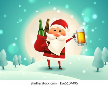 Christmas beer poster. Drunk Santa holding beer mug in the moonlight. The sack with craft beer bottles. Winter forest background