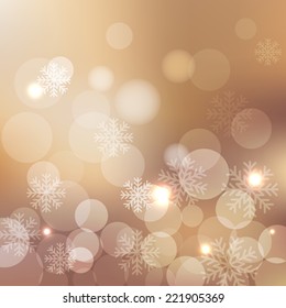 Christmas beige Background bokeh effect with defocused lights and snowflakes. Vector illustration EPS10