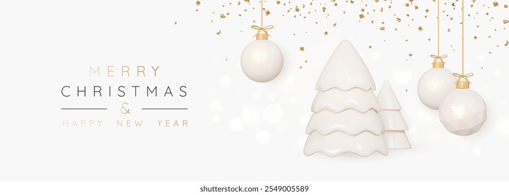 Christmas beige banner with pine trees and balls hang on gold ribbon. Happy New Year decorations. Celebration poster or xmas getting card with falling confetti and bokeh lights. 3D Vector illustration