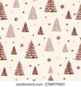 Christmas Beige and brown summer theme seamless pattern with trees and holly leaves, Star, Dots textured background for dress, tablecloth, Napkins