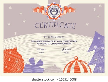 Christmas beige certificate with red violet Santa Claus and Snowman in stamp.