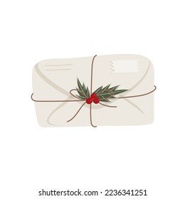Christmas beige envelope, letter, holly, branches. Holiday template with text Merry Christmas.