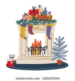 Christmas beige fireplace with christmas tree, gifts isolated on a white background. Vector illustration