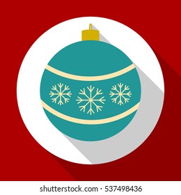 Christmas bell blue color on red background with long shadow. Vector illustration for Christmas and New Year card. Flat design. EPS10.