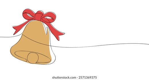 Christmas bell with bow drawn in continuous one-line style on white background. Minimalistic line art illustration for design and print in color. Holiday and Christmas decor concept.