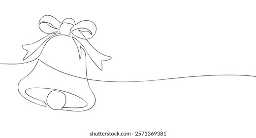 Christmas bell with bow drawn in continuous one-line style on white background. Minimalistic line art illustration for design and print. Holiday and Christmas decor concept.