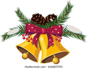 
Christmas bell with bow and fir cone without background