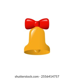 Christmas bell with a bow knot isolated on white background. Cute golden yellow bell with a red ribbon vector icon in cartoon style. Jingle bells clip art. Christmas and New Year decoration.