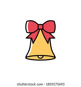 Christmas bell with a bow knot vector icon in cartoon style. Cute golden yellow bell with a red ribbon isolated on white background. Jingle bells clip art. Christmas and New Year decoration.