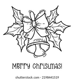 Christmas bell with bow and mistletoe leaves. New Years traditional decor. Vector illustration. Linear hand drawing