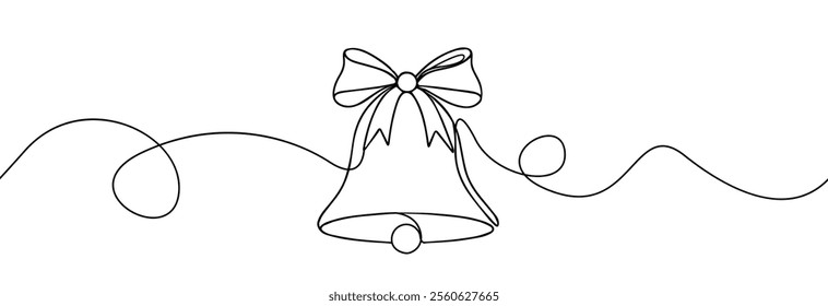 Christmas Bell with Bow one line drawing . Merry christmas bell continuous line.Bell line art.	