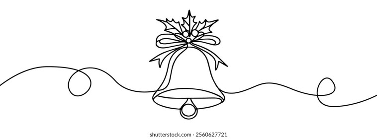 Christmas Bell with Bow one line drawing . Merry christmas bell continuous line.Bell line art.	