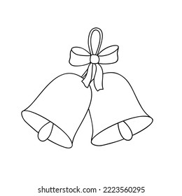 Christmas bell with bow, ribbon, simple outline vector illustration in doodle style Christmas holiday decor, New Year festive hand drawn image for card, poster, coloring page